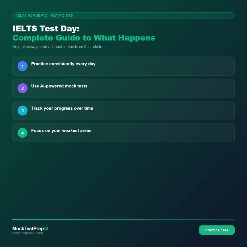 IELTS Test Day: Complete Guide to What Happens infographic