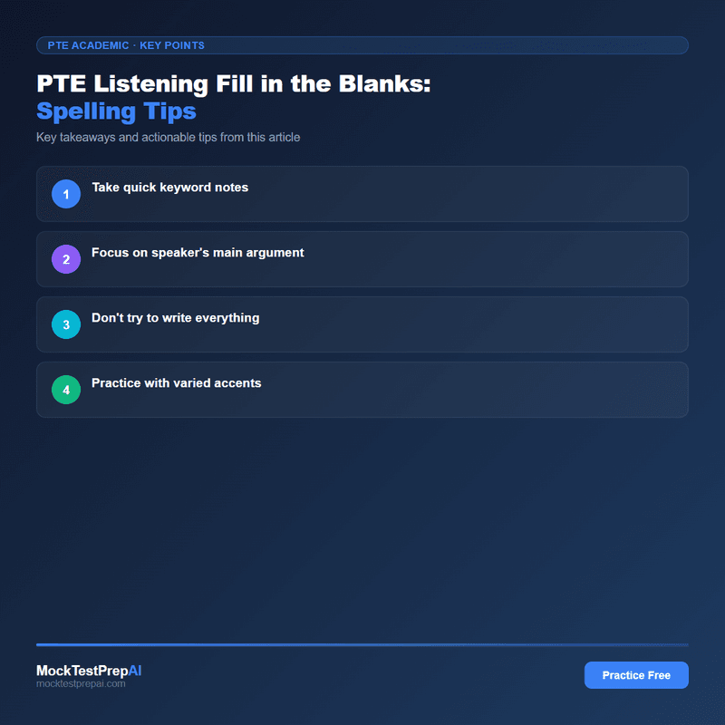 PTE Listening Fill in the Blanks: Spelling Tips infographic