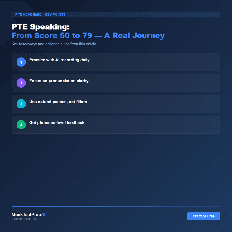 PTE Speaking: From Score 50 to 79 — A Real Journey infographic