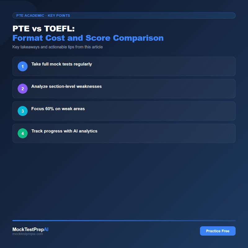 PTE vs TOEFL: Format Cost and Score Comparison infographic