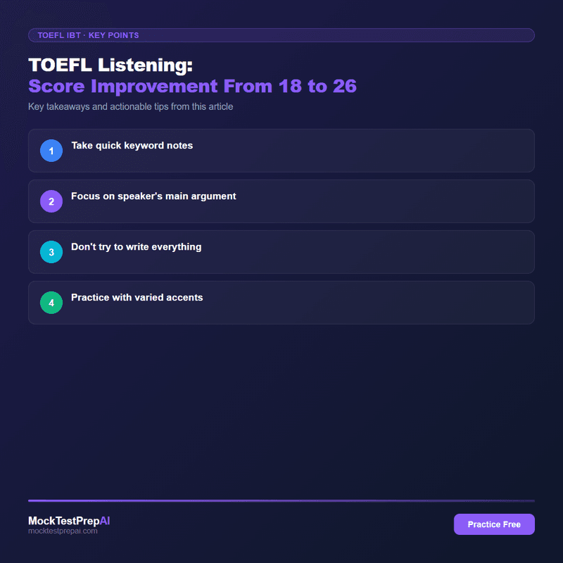 TOEFL Listening: Score Improvement From 18 to 26 infographic