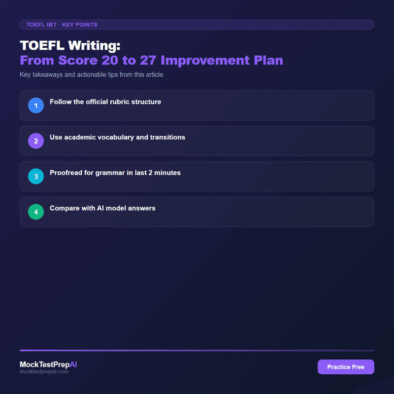 TOEFL Writing: From Score 20 to 27 Improvement Plan infographic